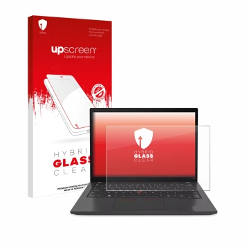 Face avant d’un emballage produit avec le logo de la marque upscreen. À côté, l’appareil Lenovo ThinkPad P14s Gen 4 est représ