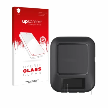 Face avant d’un emballage produit avec le logo de la marque upscreen. À côté, l’appareil Garmin inReach Messenger est représen