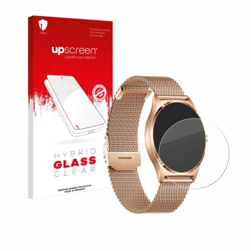 Face avant d’un emballage produit avec le logo de la marque upscreen. À côté, l’appareil Xcoast X-Watch Joli XC Pro est représ