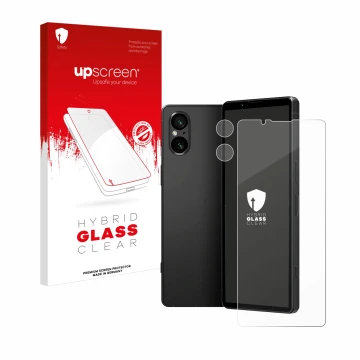 Face avant d’un emballage produit avec le logo de la marque upscreen. À côté, l’appareil Sony Xperia 5 V (Avant+Caméra) est re