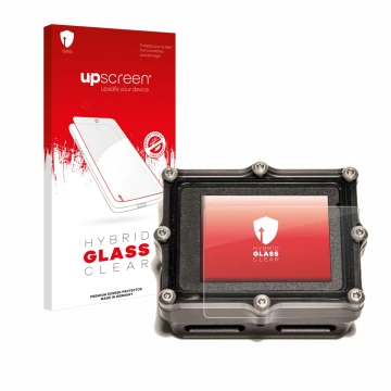 Face avant d’un emballage produit avec le logo de la marque upscreen. À côté, l’appareil Shearwater Petrel 2 dive computer est