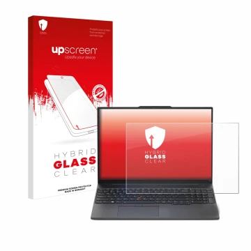 Face avant d’un emballage produit avec le logo de la marque upscreen. À côté, l’appareil Lenovo ThinkPad E16 Gen 1 est représe