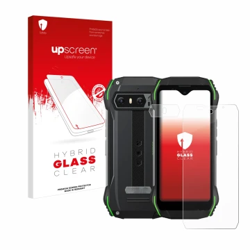 Face avant d’un emballage produit avec le logo de la marque upscreen. À côté, l’appareil Blackview N6000 (Avant+Caméra) est re