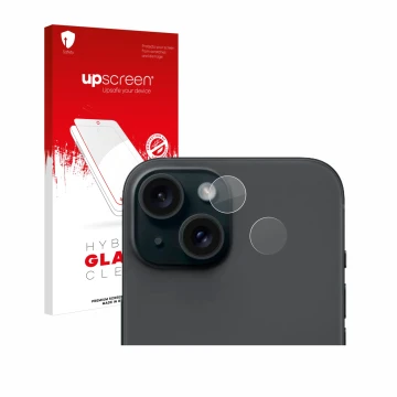 Face avant d’un emballage produit avec le logo de la marque upscreen. À côté, l’appareil Apple iPhone 15 (Caméra UNIQUEMENT) e