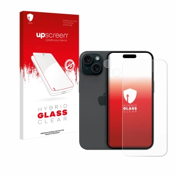 Face avant d’un emballage produit avec le logo de la marque upscreen. À côté, l’appareil Apple iPhone 15 (Avant+Caméra) est re