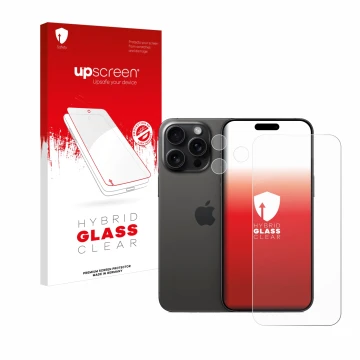 Face avant d’un emballage produit avec le logo de la marque upscreen. À côté, l’appareil Apple iPhone 15 Pro Max (Avant+Caméra