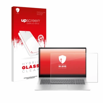 Face avant d’un emballage produit avec le logo de la marque upscreen. À côté, l’appareil HP Envy 17-cw0000 est représenté avec