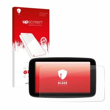 Face avant d’un emballage produit avec le logo de la marque upscreen. À côté, l’appareil TomTom GO Superior 6