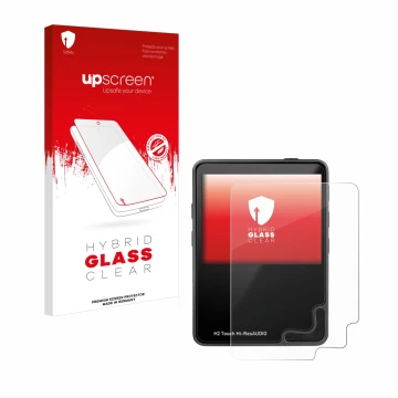 Face avant d’un emballage produit avec le logo de la marque upscreen. À côté, l’appareil HifiWalker H2 touch est représenté av