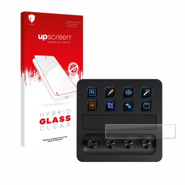 Face avant d’un emballage produit avec le logo de la marque upscreen. À côté, l’appareil Elgato Stream Deck + est représenté a