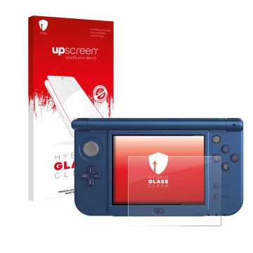 Face avant d’un emballage produit avec le logo de la marque upscreen. À côté, l’appareil Nintendo New 3DS XL (Affichage inféri