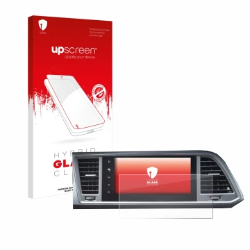 Face avant d’un emballage produit avec le logo de la marque upscreen. À côté, l’appareil Seat Ateca Style 2021 Infotainment Sy