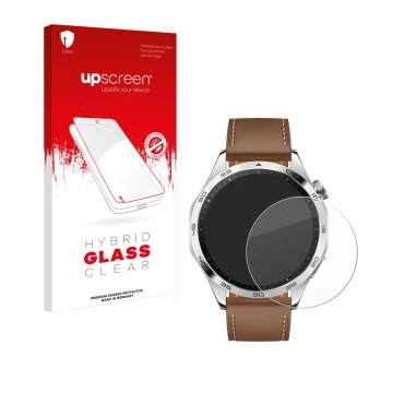 Face avant d’un emballage produit avec le logo de la marque upscreen. À côté, l’appareil Huawei Watch GT 4 (46mm) est représen