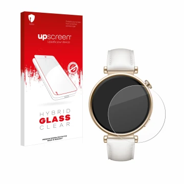 Face avant d’un emballage produit avec le logo de la marque upscreen. À côté, l’appareil Huawei Watch GT 4 (41mm) est représen