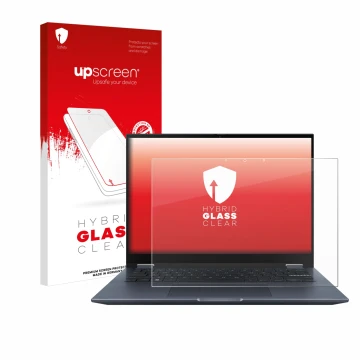 Face avant d’un emballage produit avec le logo de la marque upscreen. À côté, l’appareil ASUS Vivobook S 14 Flip TP3402 est re
