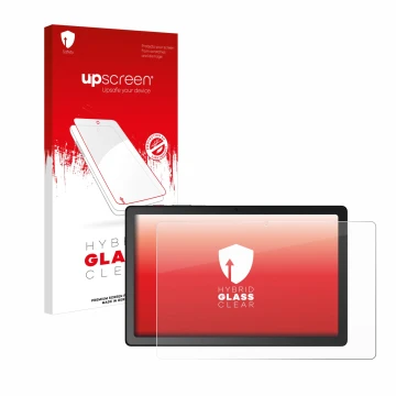 Face avant d’un emballage produit avec le logo de la marque upscreen. À côté, l’appareil Telekom T Tablet est représenté avec 