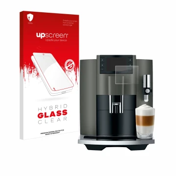 Face avant d’un emballage produit avec le logo de la marque upscreen. À côté, l’appareil Jura E8 (EC) est représenté avec la p