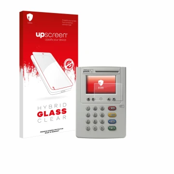 Face avant d’un emballage produit avec le logo de la marque upscreen. À côté, l’appareil ingenico eHealth ORGA Neo 6141 est re