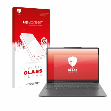 Face avant d’un emballage produit avec le logo de la marque upscreen. À côté, l’appareil Lenovo Yoga Pro 7 Gen 8 14