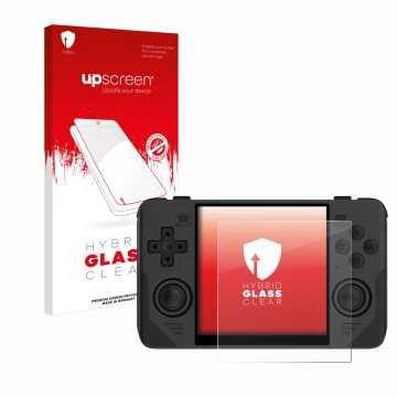 Face avant d’un emballage produit avec le logo de la marque upscreen. À côté, l’appareil Powkiddy RGB30 est représenté avec la