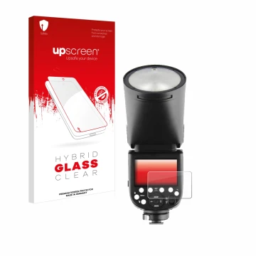 Face avant d’un emballage produit avec le logo de la marque upscreen. À côté, l’appareil Godox V1 est représenté avec la prote