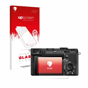Face avant d’un emballage produit avec le logo de la marque upscreen. À côté, l’appareil Sony Alpha 7CR est représenté avec la