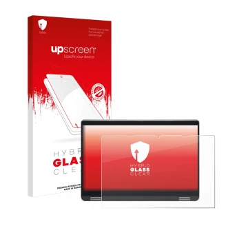 Face avant d’un emballage produit avec le logo de la marque upscreen. À côté, l’appareil Dell Latitude 5340 2-in-1 est représe