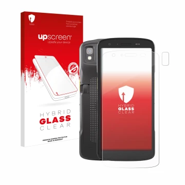 Face avant d’un emballage produit avec le logo de la marque upscreen. À côté, l’appareil Zebra TC27 (Avant+Caméra) est représe