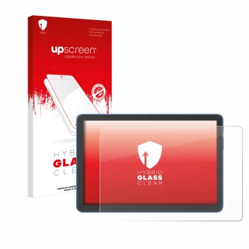 Face avant d’un emballage produit avec le logo de la marque upscreen. À côté, l’appareil Amazon Fire HD 10 2023 (13e Gen.) est