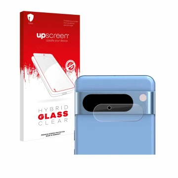 Face avant d’un emballage produit avec le logo de la marque upscreen. À côté, l’appareil Google Pixel 8 Pro (Caméra UNIQUEMENT