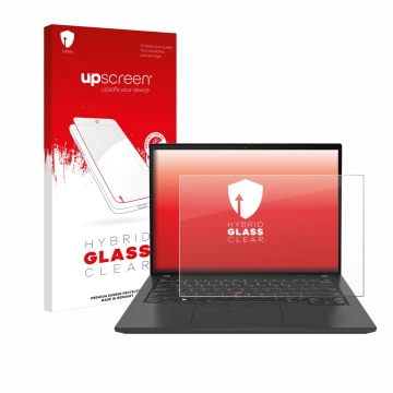 Face avant d’un emballage produit avec le logo de la marque upscreen. À côté, l’appareil Lenovo ThinkPad T16 Gen 3 est représe