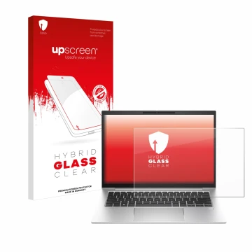 Face avant d’un emballage produit avec le logo de la marque upscreen. À côté, l’appareil HP EliteBook 840 G10 est représenté a