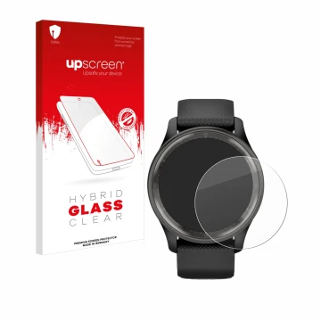 Face avant d’un emballage produit avec le logo de la marque upscreen. À côté, l’appareil Garmin Vivomove Trend est représenté 
