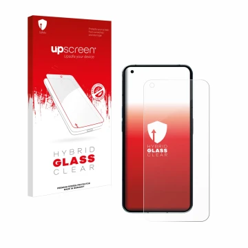Face avant d’un emballage produit avec le logo de la marque upscreen. À côté, l’appareil Nothing Phone (1) (case-friendly) est