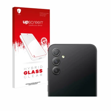 Face avant d’un emballage produit avec le logo de la marque upscreen. À côté, l’appareil Samsung Galaxy A34 5G Enterprise Edit