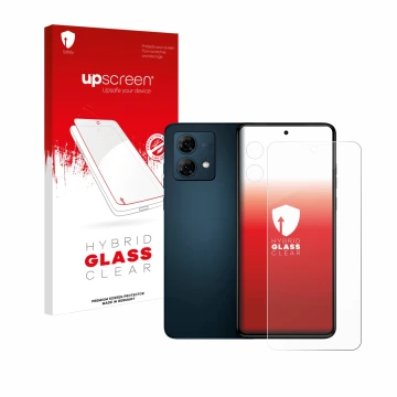 Face avant d’un emballage produit avec le logo de la marque upscreen. À côté, l’appareil Motorola Moto G84 (Avant+Caméra) est 