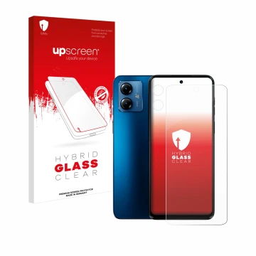 Face avant d’un emballage produit avec le logo de la marque upscreen. À côté, l’appareil Motorola Moto G14 (Avant+Caméra) est 