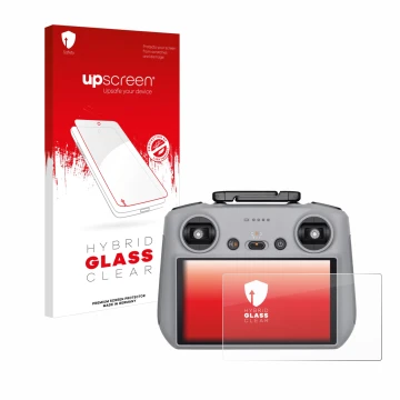 Face avant d’un emballage produit avec le logo de la marque upscreen. À côté, l’appareil DJI RC 2 est représenté avec la prote