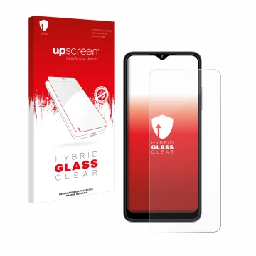 Face avant d’un emballage produit avec le logo de la marque upscreen. À côté, l’appareil Telekom T Phone (2023) est représenté