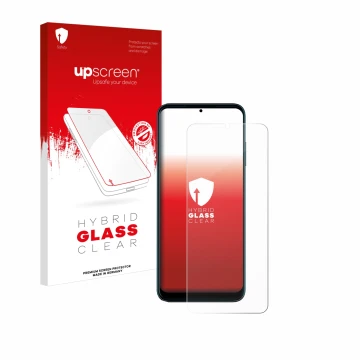 Face avant d’un emballage produit avec le logo de la marque upscreen. À côté, l’appareil Telekom T Phone Pro est représenté av