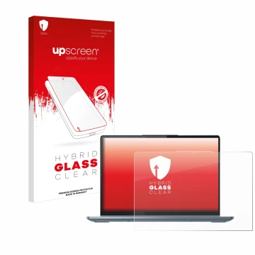 Face avant d’un emballage produit avec le logo de la marque upscreen. À côté, l’appareil Lenovo IdeaPad Flex 5 14