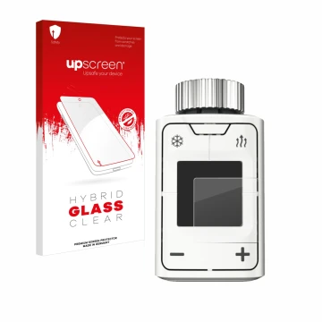 Face avant d’un emballage produit avec le logo de la marque upscreen. À côté, l’appareil AVM FRITZ!DECT 302 est représenté ave