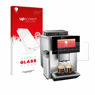 Face avant d’un emballage produit avec le logo de la marque upscreen. À côté, l’appareil Siemens EQ900 TQ907D03 est représenté