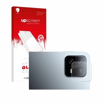 Face avant d’un emballage produit avec le logo de la marque upscreen. À côté, l’appareil Xiaomi Pad 6 (Caméra UNIQUEMENT) est 