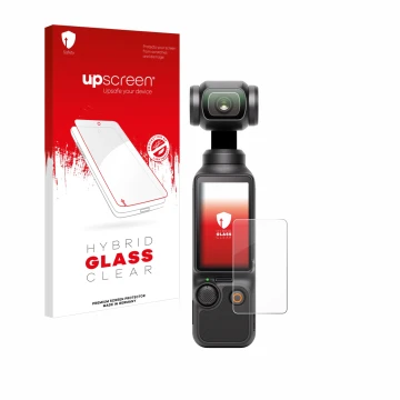 Face avant d’un emballage produit avec le logo de la marque upscreen. À côté, l’appareil DJI Osmo Pocket 3 est représenté avec