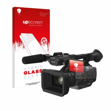 Face avant d’un emballage produit avec le logo de la marque upscreen. À côté, l’appareil Panasonic HC-X2 est représenté avec l