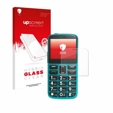 Face avant d’un emballage produit avec le logo de la marque upscreen. À côté, l’appareil Uleway Seniorenhandy est représenté a