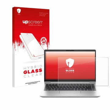 Face avant d’un emballage produit avec le logo de la marque upscreen. À côté, l’appareil HP ProBook 445 G10 est représenté ave