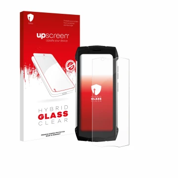 Face avant d’un emballage produit avec le logo de la marque upscreen. À côté, l’appareil Doogee S Mini est représenté avec la 