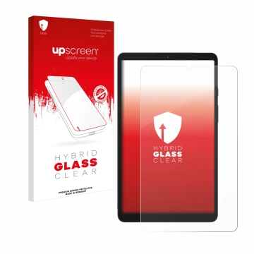 Face avant d’un emballage produit avec le logo de la marque upscreen. À côté, l’appareil Samsung Galaxy Tab A9 WiFi est représ